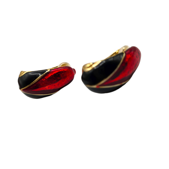 Clip On Earrings Red Black Enamel Gold Tone Abstract Retro Bold SKU2402 - Picture 5 of 5
